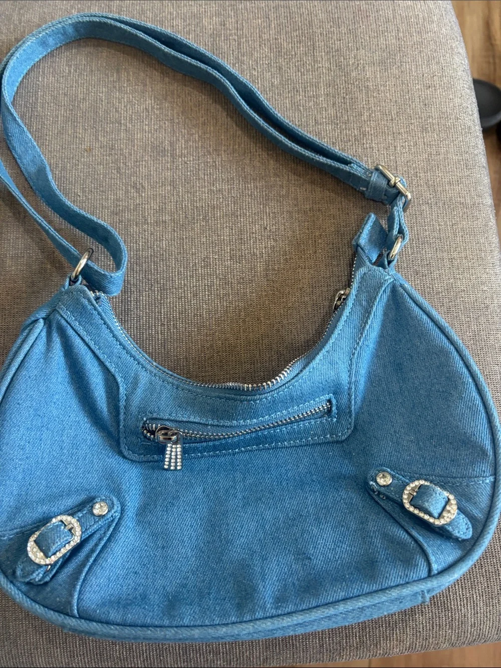 Denim Blue Shoulder Bag with Rhinestone Buckle Accents